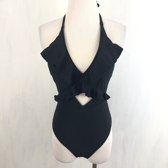 Aerie Swim Aerie Black Pretty Texture Halter One Piece Xs 52 Poshmark